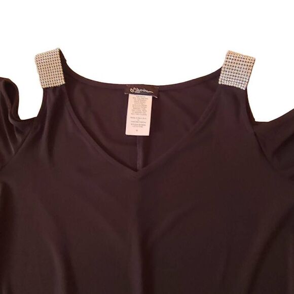 S Levine Womens Cold Shoulder Rhinestone Black Dressy Top Medium - Picture 5 of 11